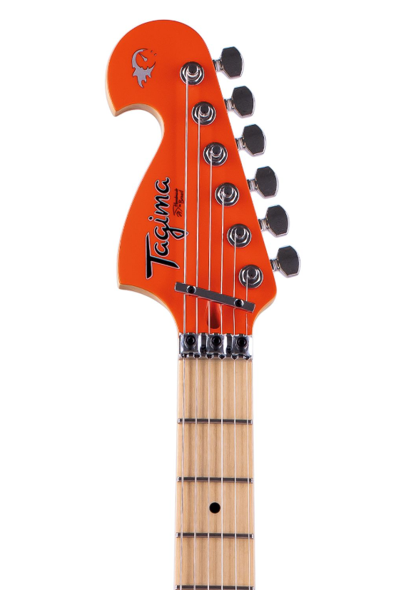 "Detalhe do headstock e primeiros trastes da Tagima E1 Asphalt Ripper, destacando a trava de afinação Gotoh Lock Nut em aço temperado."